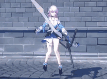 a girl is holding a large sword in front of a brick wall in a video game .