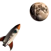 a rocket is flying towards a full moon with a white background
