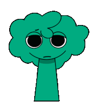 a cartoon drawing of a green tree with a face and big eyes .