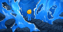 a cartoon character is standing on a rocky cliff in front of a blue swirl
