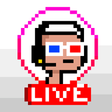 a pixel art of a person wearing 3d glasses and headphones with the word live below it