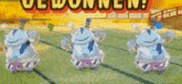 three cartoon characters are standing next to each other on a green field in front of a sign that says welcome !