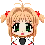 a pixel art drawing of a little girl with pigtails and green eyes .