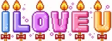 the word love is written in pixel art with candles in the shape of the letter u .