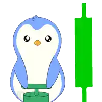 a blue and white penguin is standing next to a green stick