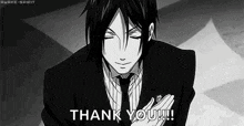a black and white drawing of a man in a suit and tie saying `` thank you '' .