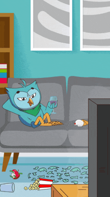 a cartoon of an owl sitting on a couch with a glass of wine