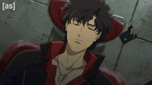 a man is laying in a chair with his eyes closed and the words [ as ] on the bottom left