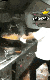 a cartoon character with a crown on his head is cooking food in a kitchen