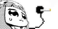 a black and white drawing of a girl smoking a cigarette next to a pixelated image of a person .