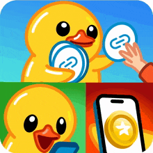 a rubber duck is holding a coin with the letter s on it