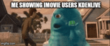 a man is walking towards a monster in a movie .