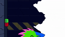 a cartoon drawing of a green cat with pink and blue hair and the letter w on his chest