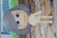 a cartoon character with gray hair and blue eyes is standing next to a wooden fence .
