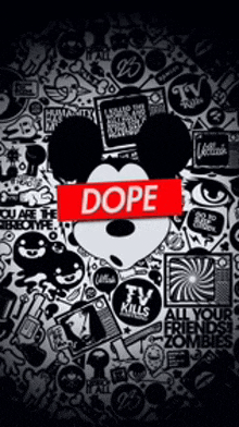 a black and white mickey mouse with the word dope on the bottom