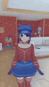a girl in a blue hat is standing in a room