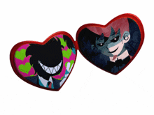 a heart shaped mirror with two pictures of a man and a woman on it