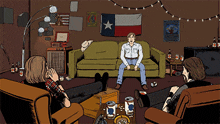 a cartoon of a man sitting on a couch with a texas flag on the wall