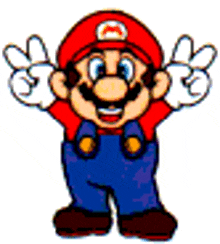 a cartoon of mario with his arms outstretched and a red hat .