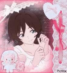 a picture of a girl on a pink background with the word picmix on the bottom right