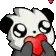 a panda bear with a red heart in its mouth is eating a red heart .