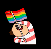 a cartoon character is holding a rainbow flag in his hand