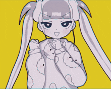 a cartoon drawing of a girl with pigtails and a bunny sweater