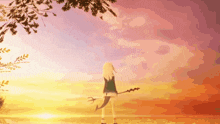 a girl is standing in front of a sunset with a sword in her hand