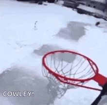 a man is playing basketball in the snow and a basketball hoop is visible in the background .