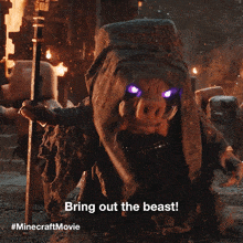 an advertisement for a minecraft movie shows a pig with glowing eyes