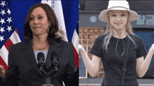 a woman in a suit and a woman in a white hat are standing next to each other in front of microphones