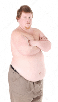 a shirtless fat man with his arms crossed looks at the camera