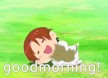 a cartoon character is laying on the ground with the words " good morning " below him
