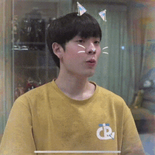 a young man wearing a yellow t-shirt with a cat ear on his head .