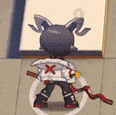 a cartoon character is standing on a tiled floor holding a sword and wearing a jacket with an x on it .
