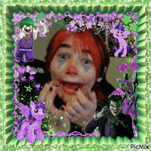 a picture of a girl in a clown costume surrounded by ponies and joker