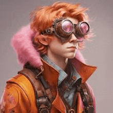 a man with red hair is wearing a jacket and goggles with a pink fur collar .