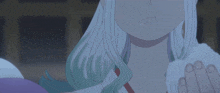 a close up of a person with white hair