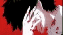 a black and white drawing of a person covering their face with their hand .
