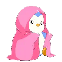 a penguin wrapped in a pink blanket looks sad