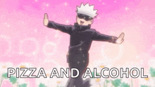 a cartoon character is jumping in the air with the words pizza and alcohol .