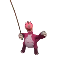 a pink dinosaur is holding a wooden stick
