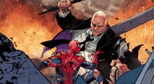 a comic book illustration of a man holding a sword and a spider man