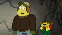 two cartoon characters are standing next to each other one is wearing ear muffs