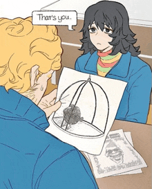 a man is holding a drawing of a bird in a cage and says that 's you in a speech bubble