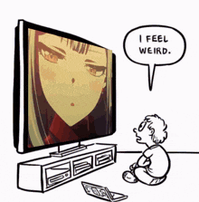 a cartoon of a man sitting in front of a television with a speech bubble saying i feel weird
