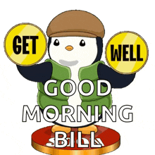 a penguin is holding two signs that say get well and good morning