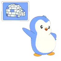 a blue and white penguin is standing next to a visit us sign