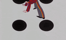 a cartoon drawing of a man in a purple and red cape surrounded by black circles