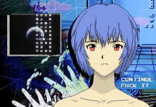 a pixel art drawing of a girl with the words continue fuck i on the bottom
